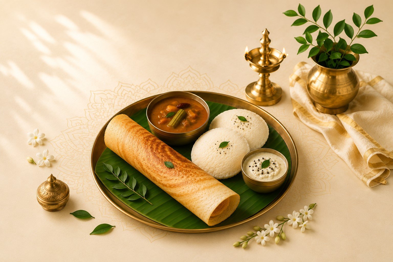 South Indian thali with dosa, idli and sambar